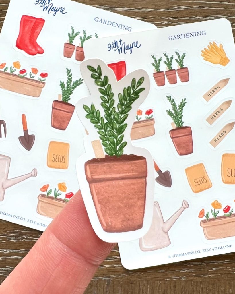 New website for my Etsy business. Hand drawn Illustrated Gardening stickers for planners, card making, journals, and more! Includes potted plants, gardening gloves, seed packets, window box with flowers, watering can. and garden boots. Printed on Matte Weatherproof Sticker Paper.