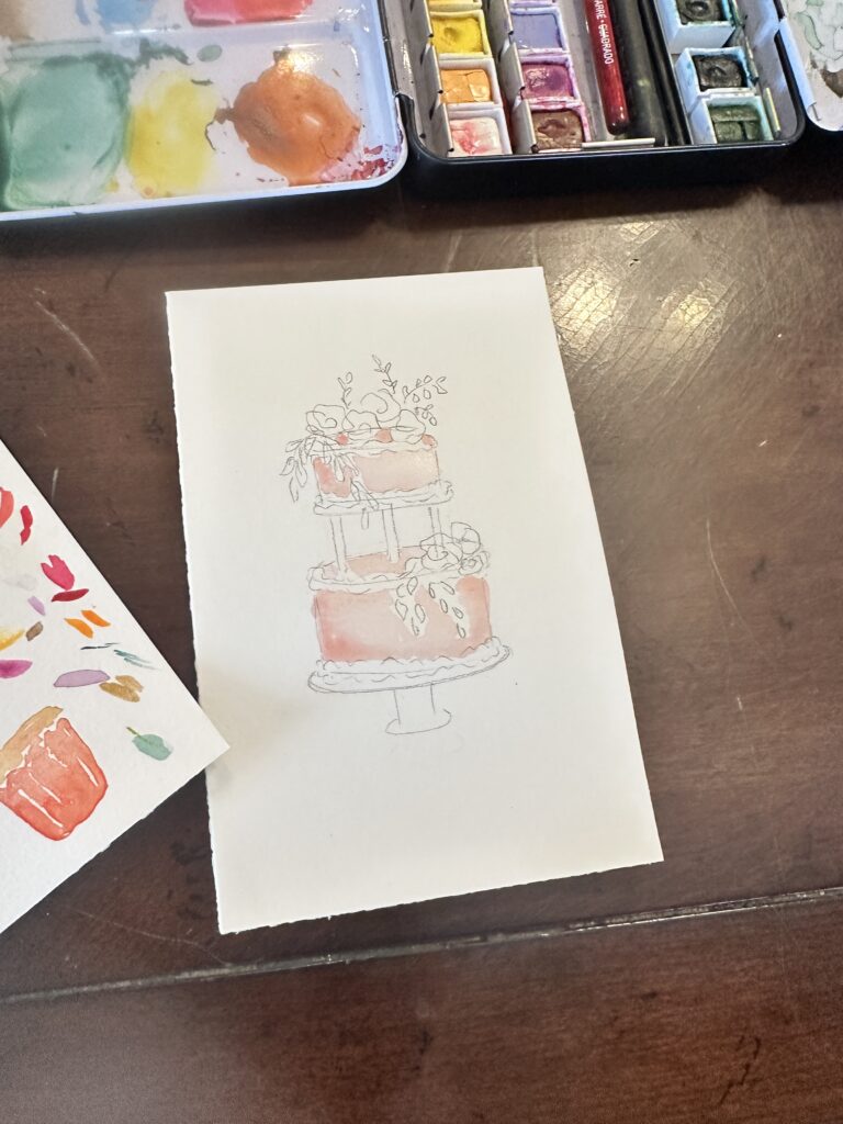 Watercolor painting of a wedding cake in progress